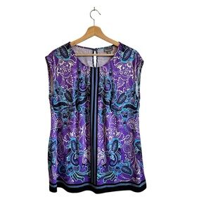 Roz & Ali Woman’s Purple and White Sleeveless Paisley Print Blouse Size 1X